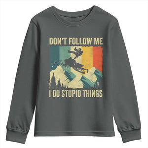 Funny Snowmobile Youth Sweatshirt Don't Follow Me I Do Stupid Things Winter Sport TS11 Dark Heather Print Your Wear