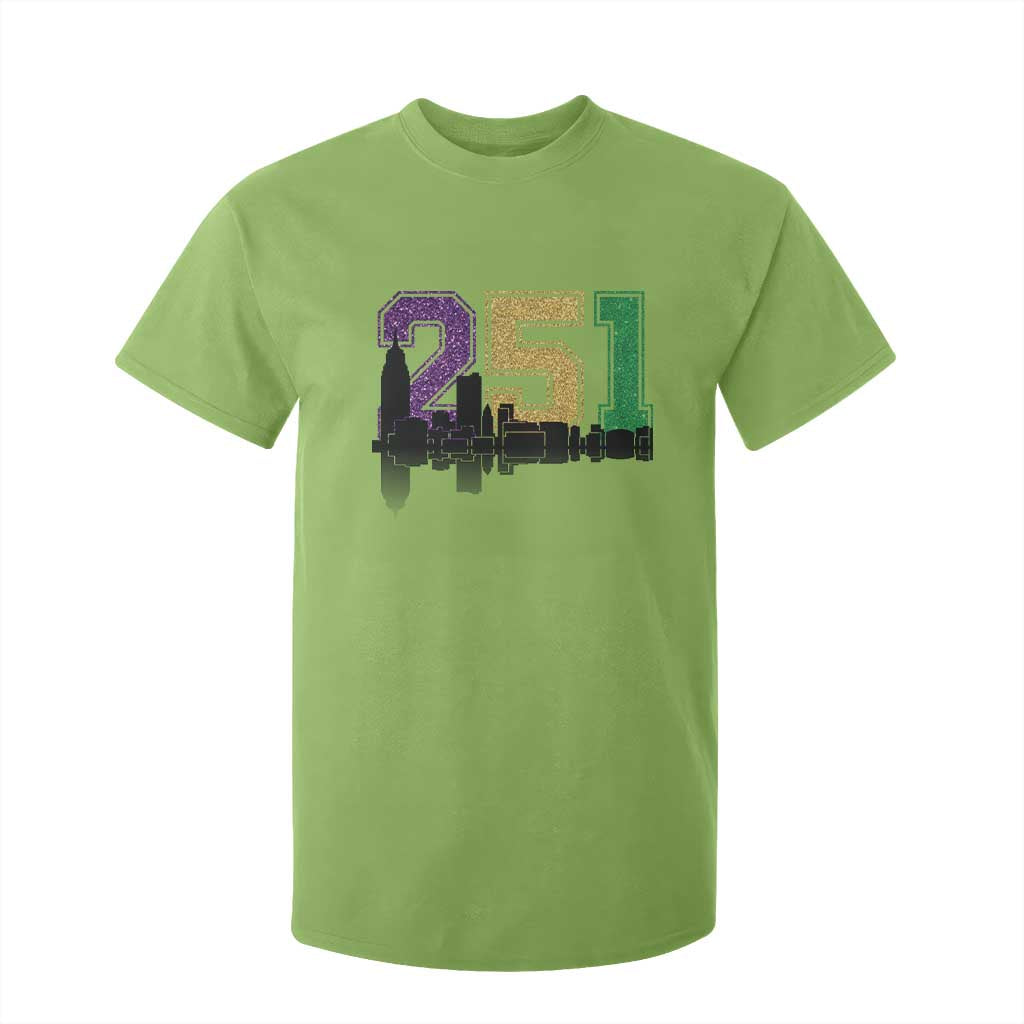 Funny Mardi Gras Mobile Alabama T Shirt For Kid 251 Skyline Area Code Glitter Print TS11 Lime Print Your Wear