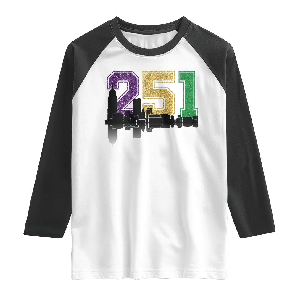 Funny Mardi Gras Mobile Alabama Raglan Shirt 251 Skyline Area Code Glitter Print TS11 White Black Print Your Wear