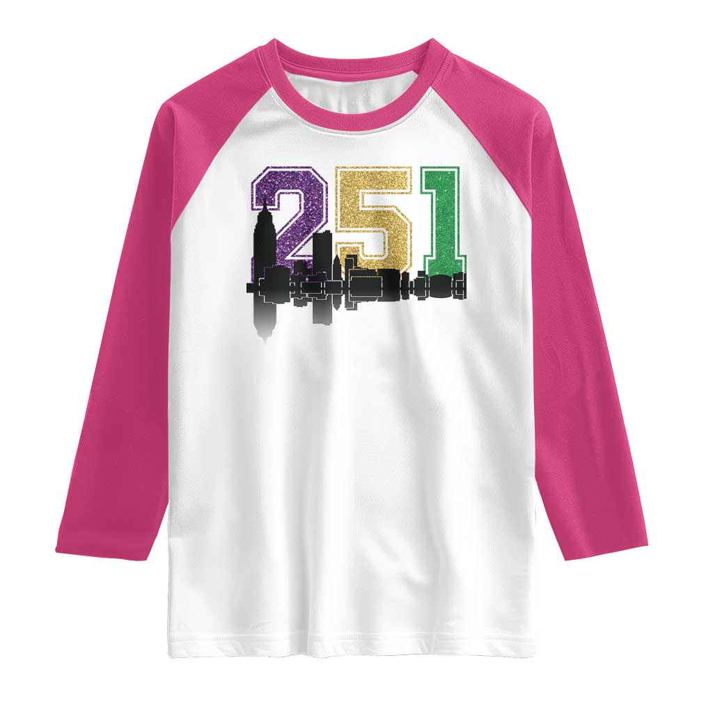 Funny Mardi Gras Mobile Alabama Raglan Shirt 251 Skyline Area Code Glitter Print TS11 White Heliconia Print Your Wear