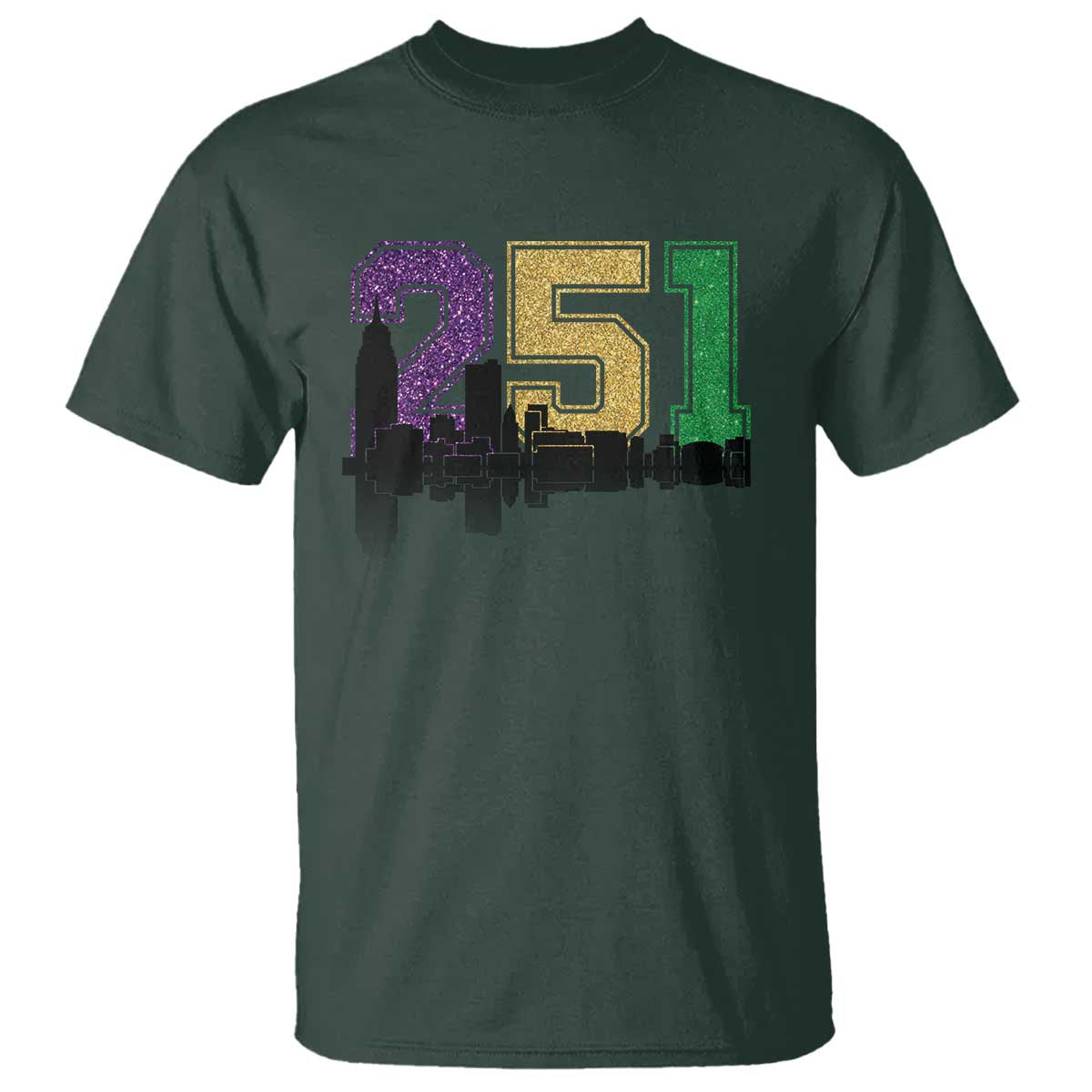 Funny Mardi Gras Mobile Alabama T Shirt 251 Skyline Area Code Glitter Print TS11 Dark Forest Green Print Your Wear