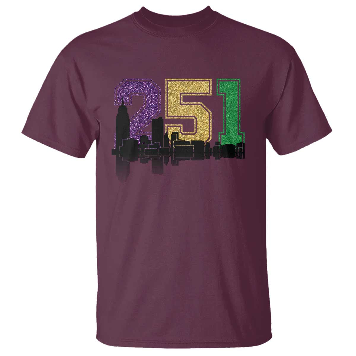 Funny Mardi Gras Mobile Alabama T Shirt 251 Skyline Area Code Glitter Print TS11 Maroon Print Your Wear