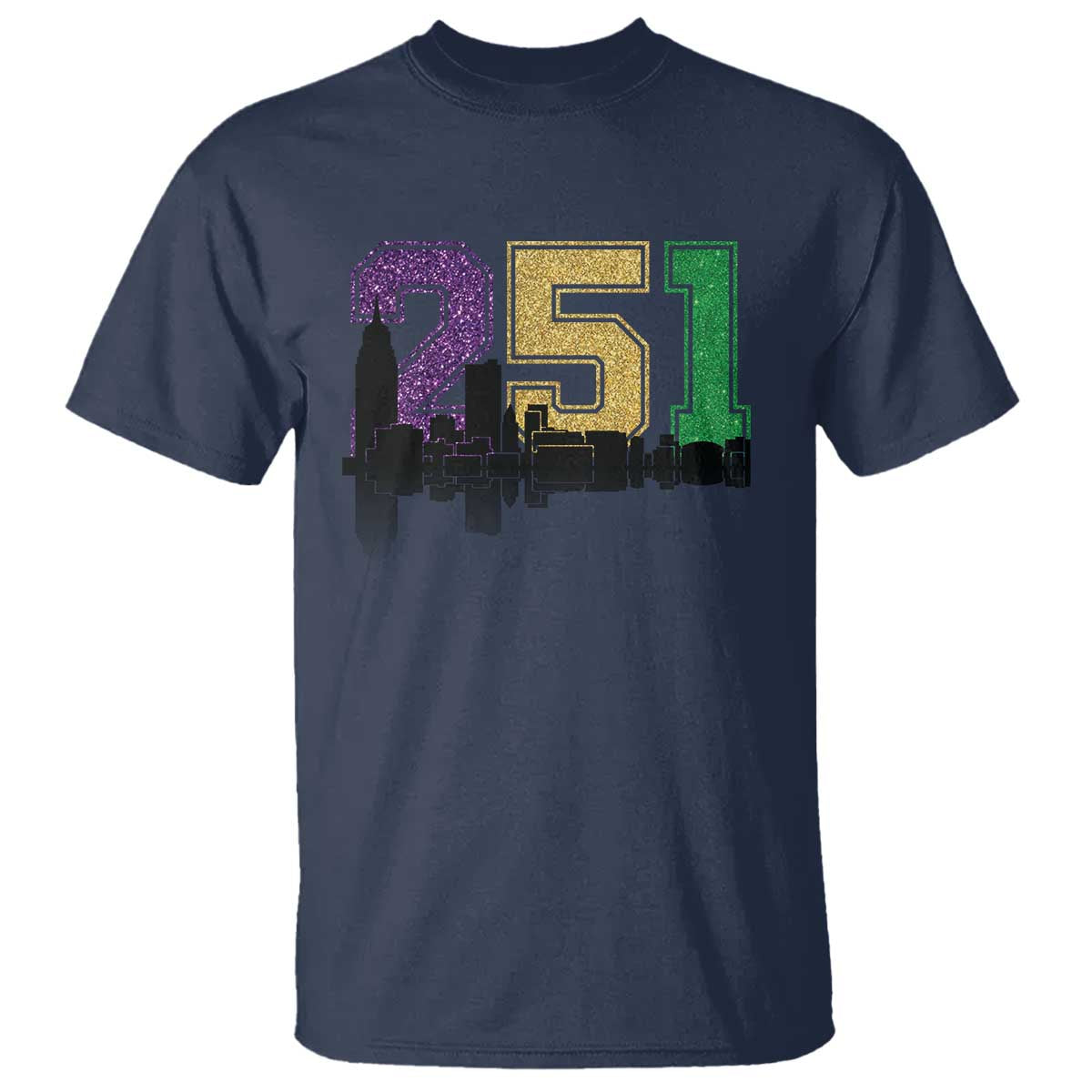 Funny Mardi Gras Mobile Alabama T Shirt 251 Skyline Area Code Glitter Print TS11 Navy Print Your Wear