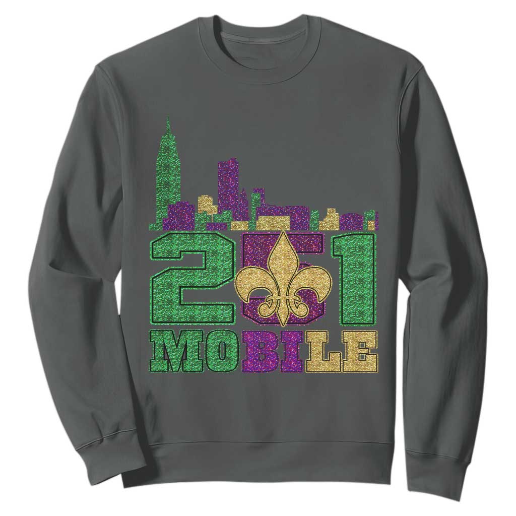Funny Mardi Gras Mobile Alabama 251 Sweatshirt Skyline Area Code Glitter Print TS11 Dark Heather Print Your Wear