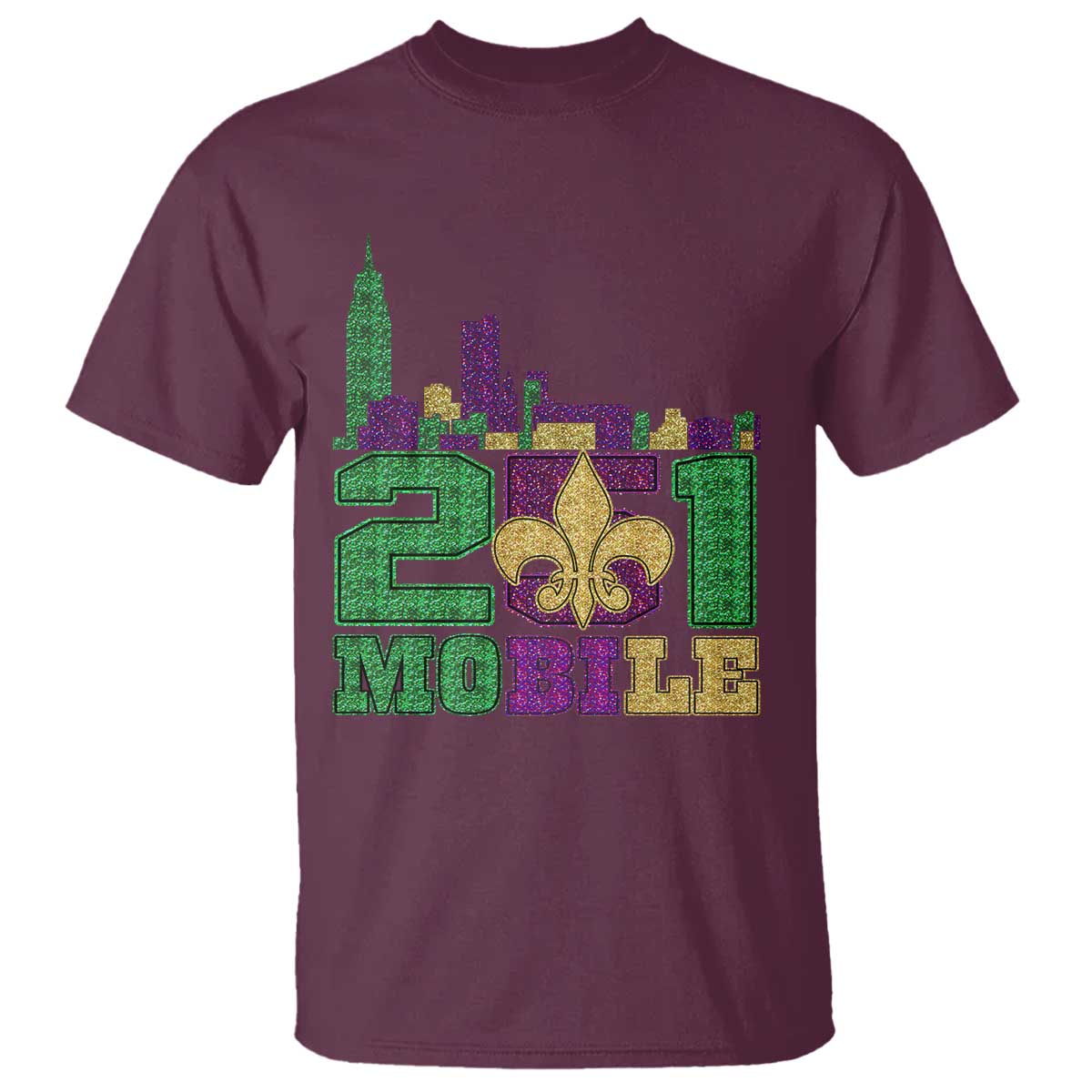 Funny Mardi Gras Mobile Alabama 251 T Shirt Skyline Area Code Glitter Print TS11 Maroon Print Your Wear