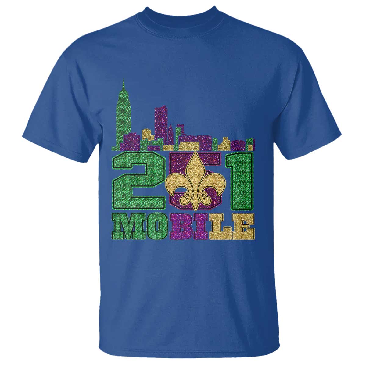Funny Mardi Gras Mobile Alabama 251 T Shirt Skyline Area Code Glitter Print TS11 Royal Blue Print Your Wear