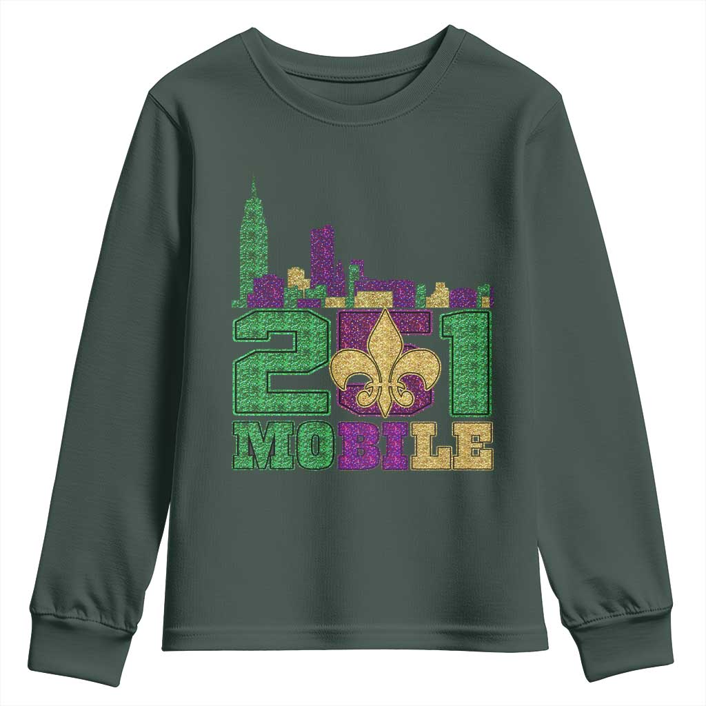 Funny Mardi Gras Mobile Alabama 251 Youth Sweatshirt Skyline Area Code Glitter Print TS11 Dark Forest Green Print Your Wear
