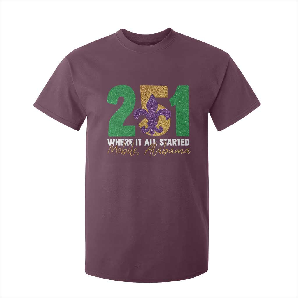 Funny Mardi Gras Mobile Alabama 251 T Shirt For Kid Where It All Started Area Code Glitter Print TS11 Maroon Print Your Wear