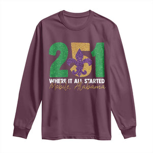 Funny Mardi Gras Mobile Alabama 251 Long Sleeve Shirt Where It All Started Area Code Glitter Print TS11 Maroon Print Your Wear