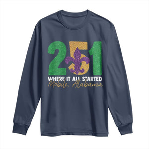 Funny Mardi Gras Mobile Alabama 251 Long Sleeve Shirt Where It All Started Area Code Glitter Print TS11 Navy Print Your Wear