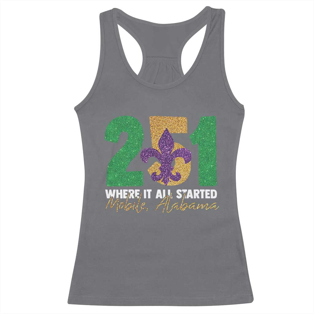 Funny Mardi Gras Mobile Alabama 251 Racerback Tank Top Where It All Started Area Code Glitter Print TS11 Charcoal Print Your Wear