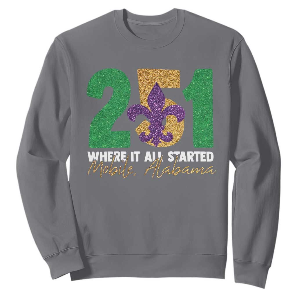 Funny Mardi Gras Mobile Alabama 251 Sweatshirt Where It All Started Area Code Glitter Print TS11 Charcoal Print Your Wear