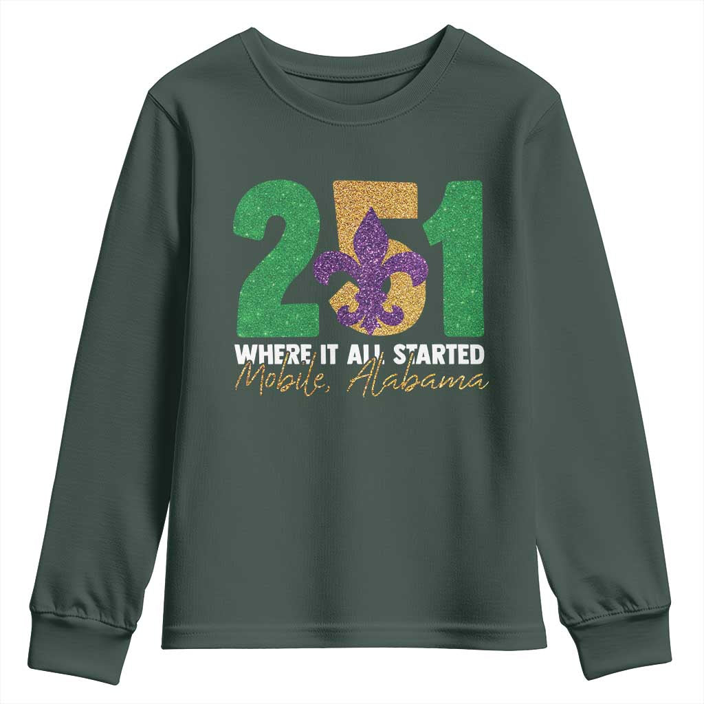 Funny Mardi Gras Mobile Alabama 251 Youth Sweatshirt Where It All Started Area Code Glitter Print TS11 Dark Forest Green Print Your Wear