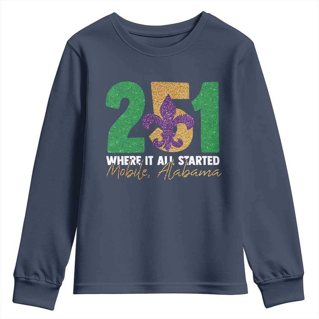 Funny Mardi Gras Mobile Alabama 251 Youth Sweatshirt Where It All Started Area Code Glitter Print TS11 Navy Print Your Wear