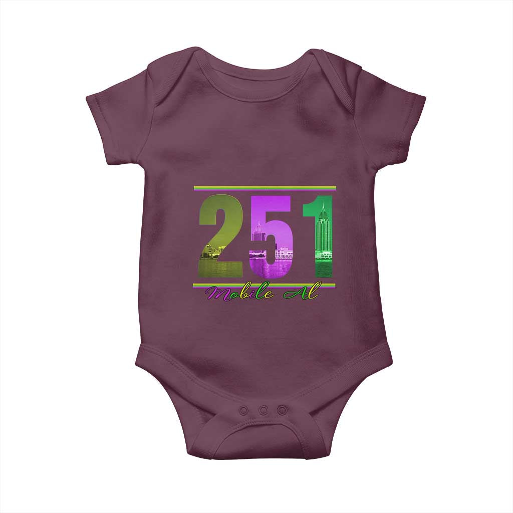Funny Mardi Gras In Mobile Alabama 251 Baby Onesie Skyline Area Code TS11 Maroon Print Your Wear