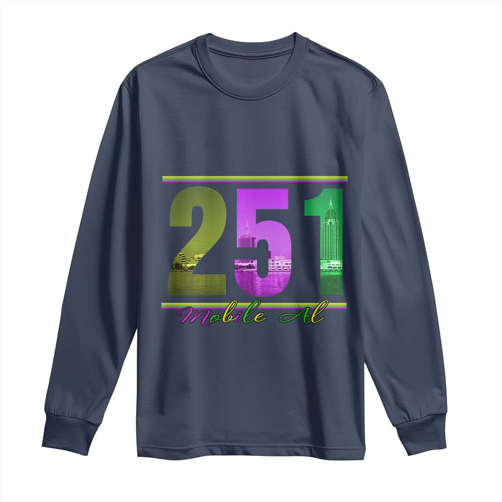 Funny Mardi Gras In Mobile Alabama 251 Long Sleeve Shirt Skyline Area Code TS11 Navy Print Your Wear