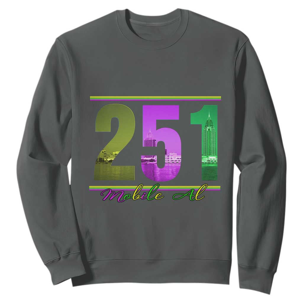 Funny Mardi Gras In Mobile Alabama 251 Sweatshirt Skyline Area Code TS11 Dark Heather Print Your Wear