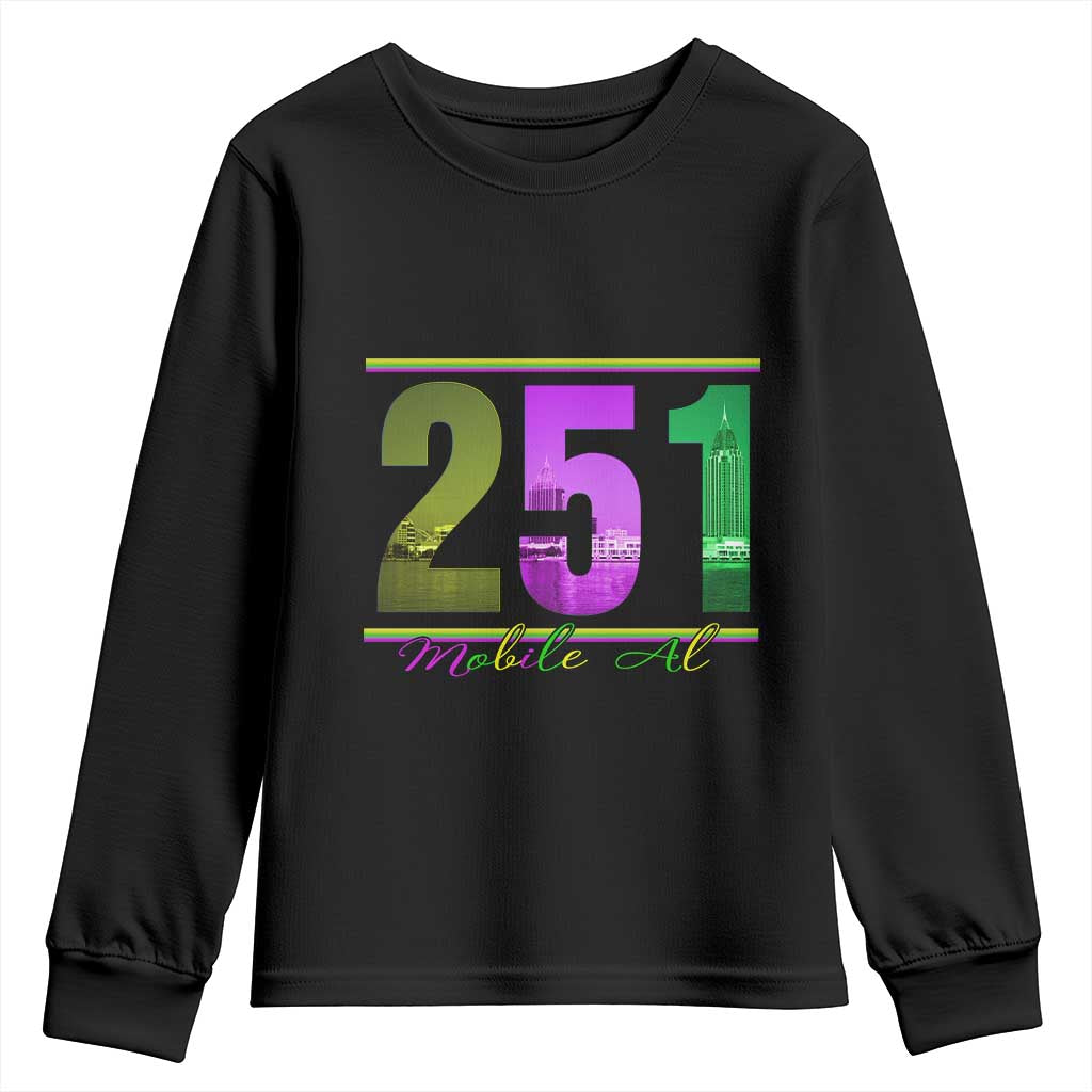 Funny Mardi Gras In Mobile Alabama 251 Youth Sweatshirt Skyline Area Code TS11 Black Print Your Wear