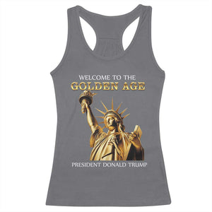 Funny Trump 2025 Welcome To The Golden Age Racerback Tank Top Golden Statue Of Liberty TS11 Charcoal Print Your Wear