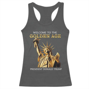 Funny Trump 2025 Welcome To The Golden Age Racerback Tank Top Golden Statue Of Liberty TS11 Dark Heather Print Your Wear