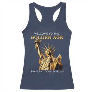 Funny Trump 2025 Welcome To The Golden Age Racerback Tank Top Golden Statue Of Liberty TS11 Navy Print Your Wear