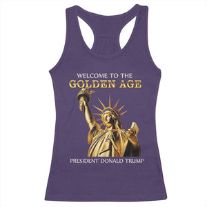 Funny Trump 2025 Welcome To The Golden Age Racerback Tank Top Golden Statue Of Liberty TS11 Purple Print Your Wear