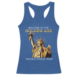 Funny Trump 2025 Welcome To The Golden Age Racerback Tank Top Golden Statue Of Liberty TS11 Royal Blue Print Your Wear