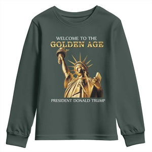 Funny Trump 2025 Welcome To The Golden Age Youth Sweatshirt Golden Statue Of Liberty TS11 Dark Forest Green Print Your Wear