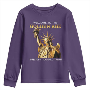 Funny Trump 2025 Welcome To The Golden Age Youth Sweatshirt Golden Statue Of Liberty TS11 Purple Print Your Wear