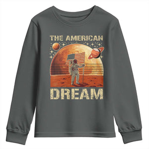 Funny Trump Mars 2025 Youth Sweatshirt The American Dream American Flag Astronauts Space TS11 Dark Heather Print Your Wear