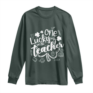 Funny St Patrick's Day Irish Teacher Long Sleeve Shirt One Lucky Teacher Shamrock TS11 Dark Forest Green Print Your Wear