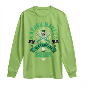 Funny St Patrick's Day Pirate Long Sleeve Shirt Arrgh Matey Let The Shenanigans Begin Shamrock TS11 Lime Print Your Wear