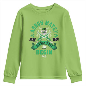 Funny St Patrick's Day Pirate Youth Sweatshirt Arrgh Matey Let The Shenanigans Begin Shamrock TS11 Lime Print Your Wear