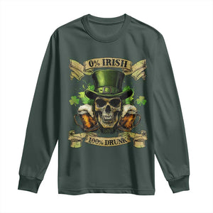 Funny St Patrick's Day Irish Beer Drinking Long Sleeve Shirt 0% Irish 100% Drunk Skull TS11 Dark Forest Green Print Your Wear