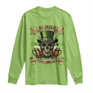 Funny St Patrick's Day Irish Beer Drinking Long Sleeve Shirt 0% Irish 100% Drunk Skull TS11 Lime Print Your Wear