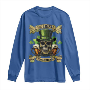 Funny St Patrick's Day Irish Beer Drinking Long Sleeve Shirt 0% Irish 100% Drunk Skull TS11 Royal Blue Print Your Wear