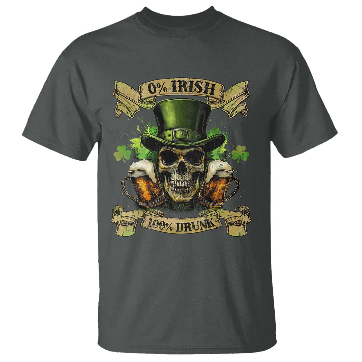 Funny St Patrick's Day Irish Beer Drinking T Shirt 0% Irish 100% Drunk Skull TS11 Dark Heather Print Your Wear