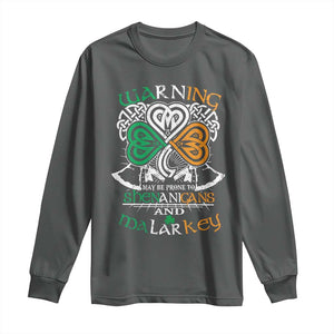 Funny Warning May Be Prone To Shenanigans And Malarkey Long Sleeve Shirt St Patrick's Day Celtic Shamrock TS11 Dark Heather Print Your Wear