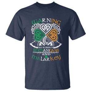 Funny Warning May Be Prone To Shenanigans And Malarkey T Shirt St Patrick's Day Celtic Shamrock TS11 Navy Print Your Wear