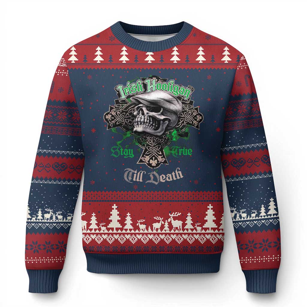 Funny Irish Pride Ugly Christmas Sweater Irish Hooligan Stay True Till Death Flat Cap Skull TS11 Navy Red Print Your Wear