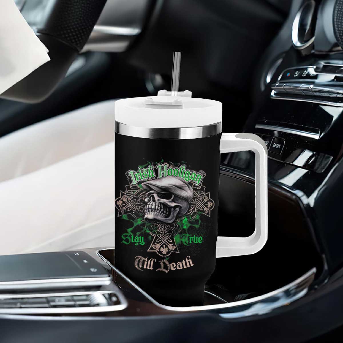 Funny Irish Pride Tumbler With Handle Irish Hooligan Stay True Till Death Flat Cap Skull TS11 Print Your Wear