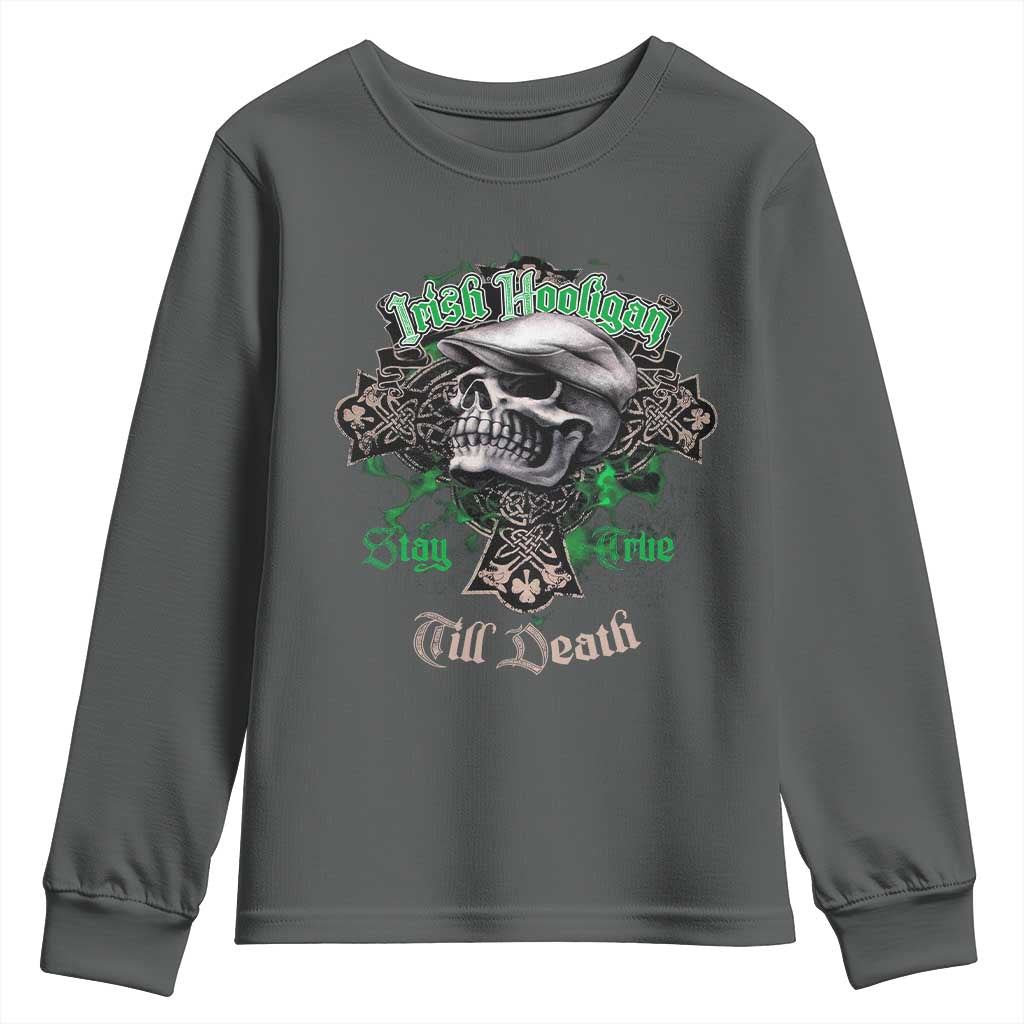 Funny Irish Pride Youth Sweatshirt Irish Hooligan Stay True Till Death Flat Cap Skull TS11 Dark Heather Print Your Wear