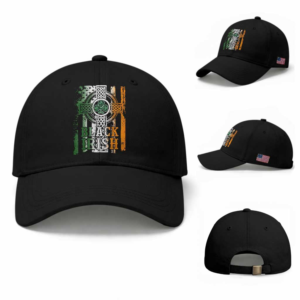 St Patrick's Day Black Irish Baseball Cap Vintage American Flag Celtic Cross TS11 Baseball Cap Universal Fit Black Print Your Wear