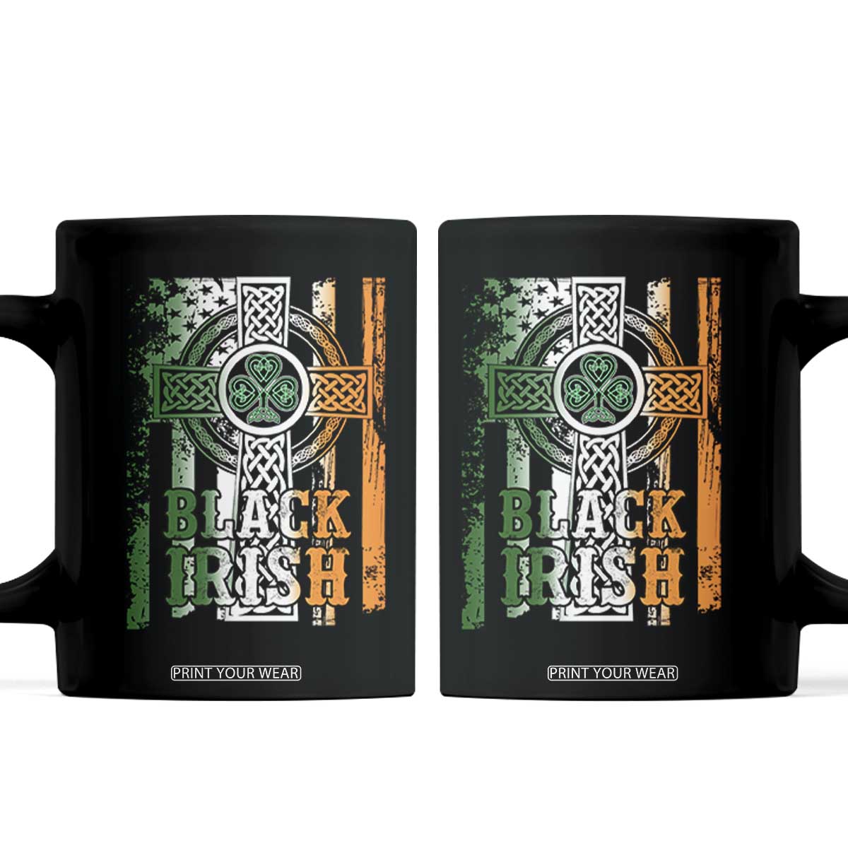 St Patrick's Day Black Irish Coffee Mug Vintage American Flag Celtic Cross TS11 Black Print Your Wear