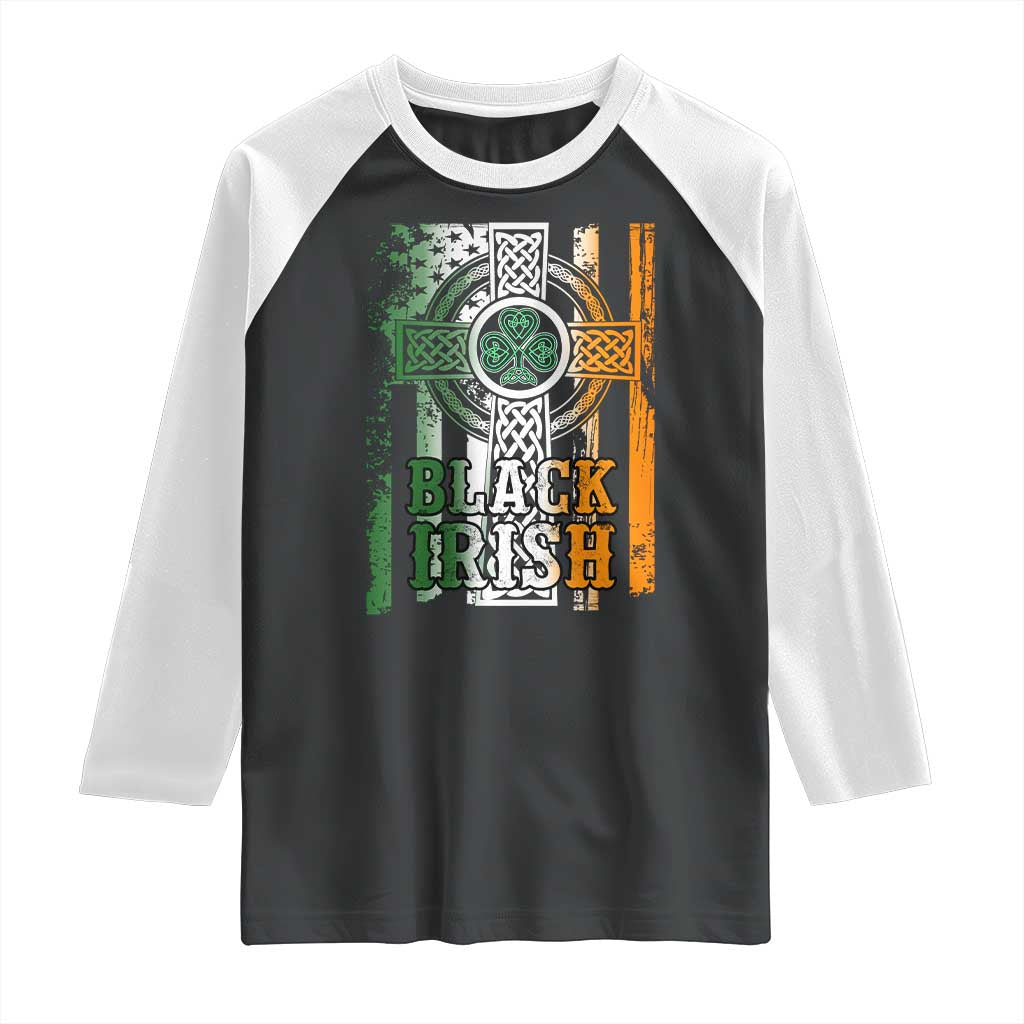 St Patrick's Day Black Irish Raglan Shirt Vintage American Flag Celtic Cross TS11 Black White Print Your Wear