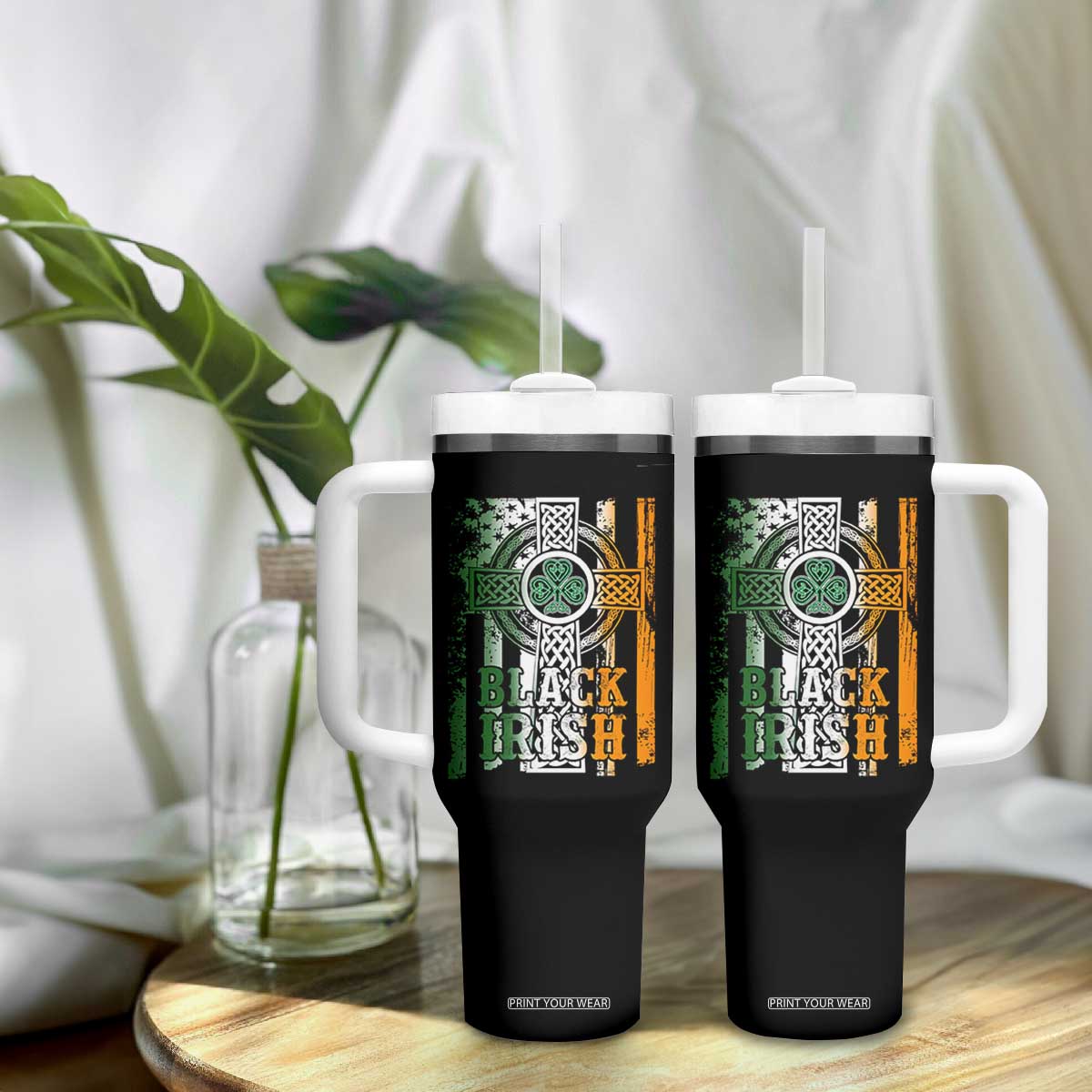 St Patrick's Day Black Irish Tumbler With Handle Vintage American Flag Celtic Cross TS11 Print Your Wear