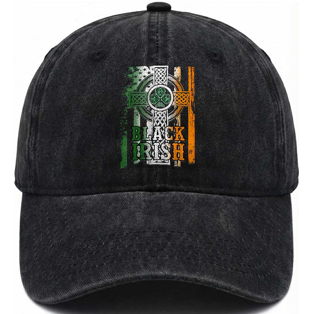 St Patrick's Day Black Irish Washed Cotton Baseball Cap Vintage American Flag Celtic Cross TS11 Print Your Wear