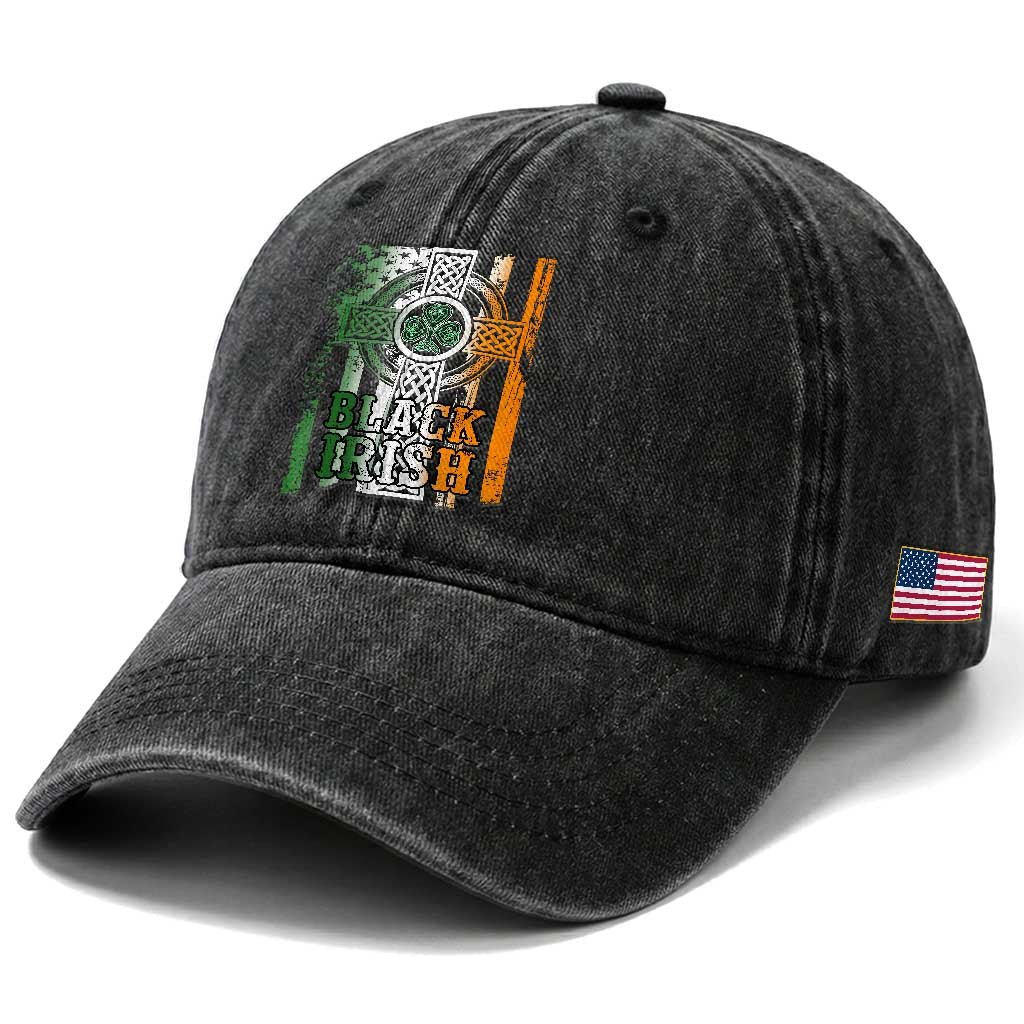 St Patrick's Day Black Irish Washed Cotton Baseball Cap Vintage American Flag Celtic Cross TS11 Print Your Wear