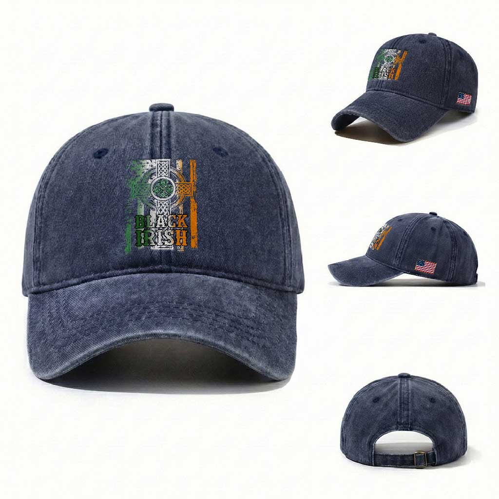 St Patrick's Day Black Irish Washed Cotton Baseball Cap Vintage American Flag Celtic Cross TS11 Washed Cap Universal Fit Navy Print Your Wear
