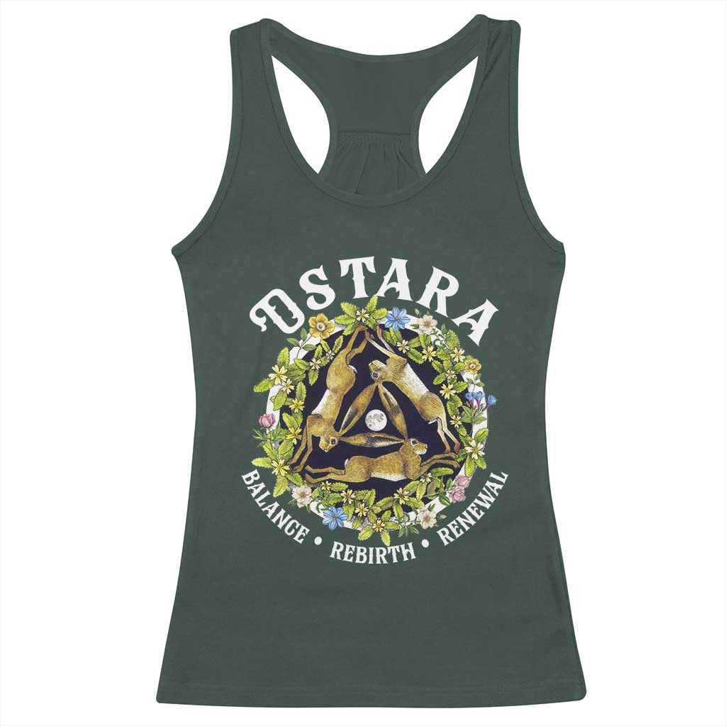 Ostara Balance Rebirth Renewal Racerback Tank Top Ostara Pagan Eostre Easter Day Three Hares TS11 Dark Forest Green Print Your Wear